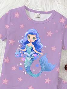 2件組少女粉色美人魚與螢光星星睡衣套裝，家庭款貼身短袖上衣與短褲家居服，UV光下發光 - 淡紫色 - 查看 4