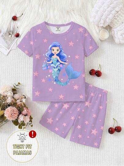 2件組少女粉色美人魚與螢光星星睡衣套裝，家庭款貼身短袖上衣與短褲家居服，UV光下發光