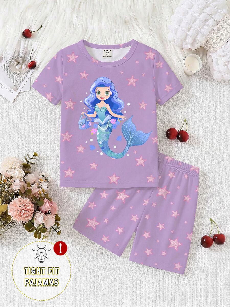2件組少女粉色美人魚與螢光星星睡衣套裝,家庭款貼身短袖上衣與短褲家居服,UV光下發光 - 淡紫色 - 查看 1