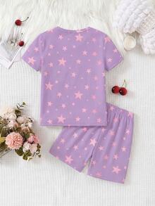 2件組少女粉色美人魚與螢光星星睡衣套裝，家庭款貼身短袖上衣與短褲家居服，UV光下發光 - 淡紫色 - 查看 2