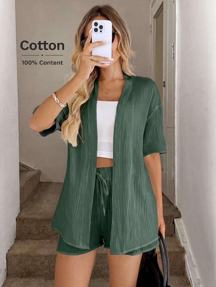 Easowa Bộ đồ đi du lịch tối giản thường ngày xuân/hè màu trơn gồm áo khoác kimono + quần short màu xanh đậm - Màu xanh lá cây đậm - Xem 1