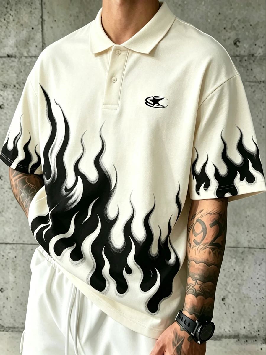 GymRaken Men's Flame Print Short Sleeve Sports Polo Shirt, Gym - Apricot - View 1