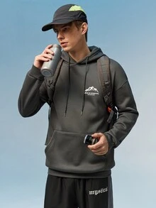 Caldwick Men's Autumn/Winter Minimalist Mountain Slogan Print Pocket Drawstring Hooded Sweatshirt, Long Sleeve Top - Dark Grey - View 2