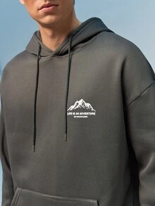 Caldwick Men's Autumn/Winter Minimalist Mountain Slogan Print Pocket Drawstring Hooded Sweatshirt, Long Sleeve Top - Dark Grey - View 7