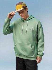 Caldwick 1pc Loose-Fit Men's Mountain And Slogan Print Hoodie With Thermal Lining, Pocket And Drawstring , Fall Winter - Mint Green - View 4