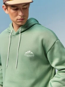 Caldwick 1pc Loose-Fit Men's Mountain And Slogan Print Hoodie With Thermal Lining, Pocket And Drawstring , Fall Winter - Mint Green - View 5