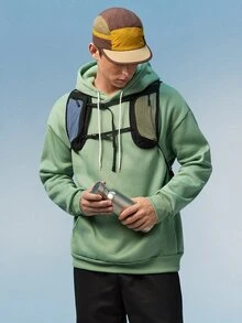 Caldwick 1pc Loose-Fit Men's Mountain And Slogan Print Hoodie With Thermal Lining, Pocket And Drawstring , Fall Winter - Mint Green - View 1