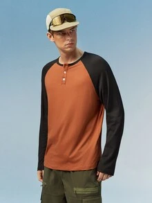Caldwick 男士休闲运动拼色插肩袖半扣 T 恤 - 駝色 - 查看 5