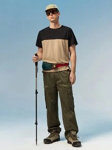 Men Two Tone Casual Color Block Short Sleeve Tee, For Going Out,, For Husband - Khaki - View 2