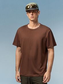 Caldwick Men's Solid Color Round Neck Short Sleeve T-Shirt - Coffee Brown - View 5