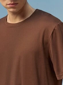 Caldwick Men's Solid Color Round Neck Short Sleeve T-Shirt - Coffee Brown - View 6