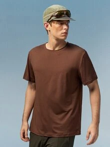 Caldwick Men's Solid Color Round Neck Short Sleeve T-Shirt - Coffee Brown - View 4