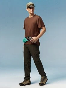 Caldwick Men's Solid Color Round Neck Short Sleeve T-Shirt - Coffee Brown - View 7