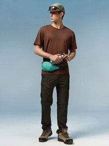 Caldwick Men's Solid Color Round Neck Short Sleeve T-Shirt - Coffee Brown - View 2