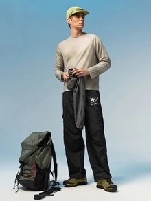 Caldwick Multi-Pocket Cargo Pants, Men's Letter Print Loose Straight Leg Sweatpants, Gym Sports Black - Black - View 8