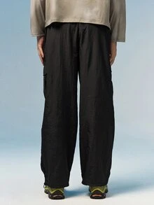 Caldwick Multi-Pocket Cargo Pants, Men's Letter Print Loose Straight Leg Sweatpants, Gym Sports Black - Black - View 3