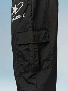 Caldwick Multi-Pocket Cargo Pants, Men's Letter Print Loose Straight Leg Sweatpants, Gym Sports Black - Black - View 5
