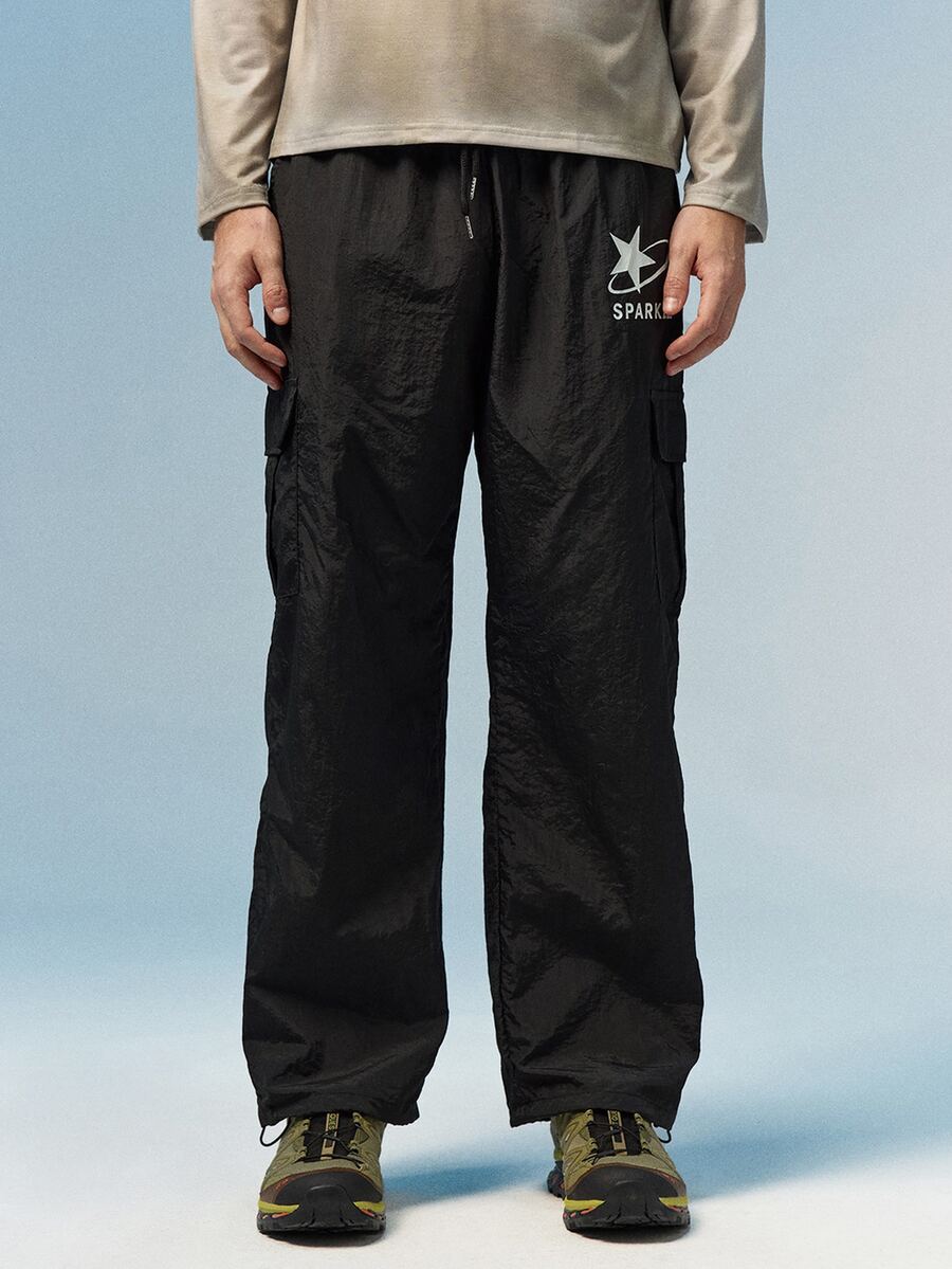 Caldwick Multi-Pocket Cargo Pants, Men's Letter Print Loose Straight Leg Sweatpants, Gym Sports Black - Black - View 1