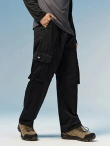 Caldwick Men's Casual Solid Color Cargo Pants With Flap Pockets And Side Pockets, For Fall - Black - View 4