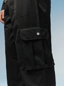 Caldwick Men's Casual Solid Color Cargo Pants With Flap Pockets And Side Pockets, For Fall - Black - View 6