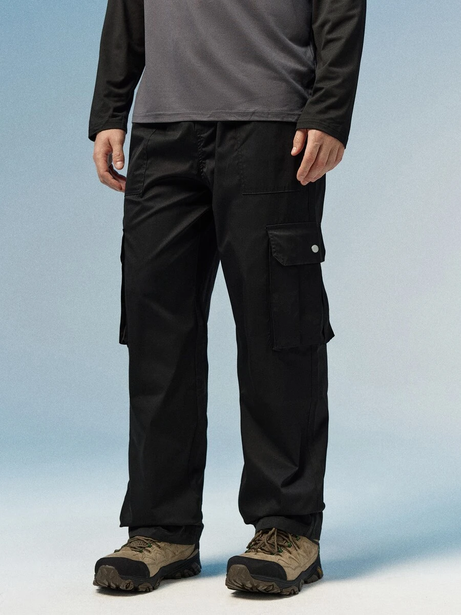 Caldwick Men's Casual Solid Color Cargo Pants With Flap Pockets And Side Pockets, For Fall - Black - View 1