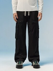 Caldwick 宽松男士翻盖口袋侧边工装裤 - 黑色 - 查看 4