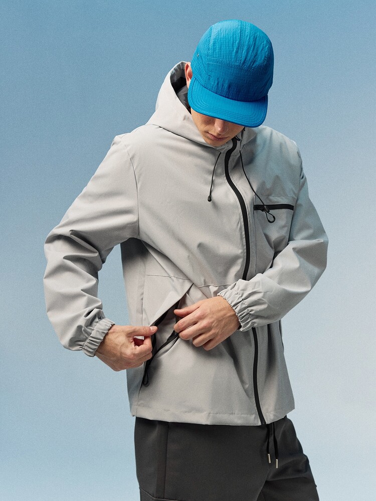 Caldwick Men's Hooded Drawstring Soft Shell Windbreaker Jacket, Sports & Casual, Front Large Pocket, Zipper Side Pockets, Suitable For Daily Wear, Versatile & Popular Jacket - Light Grey - View 7
