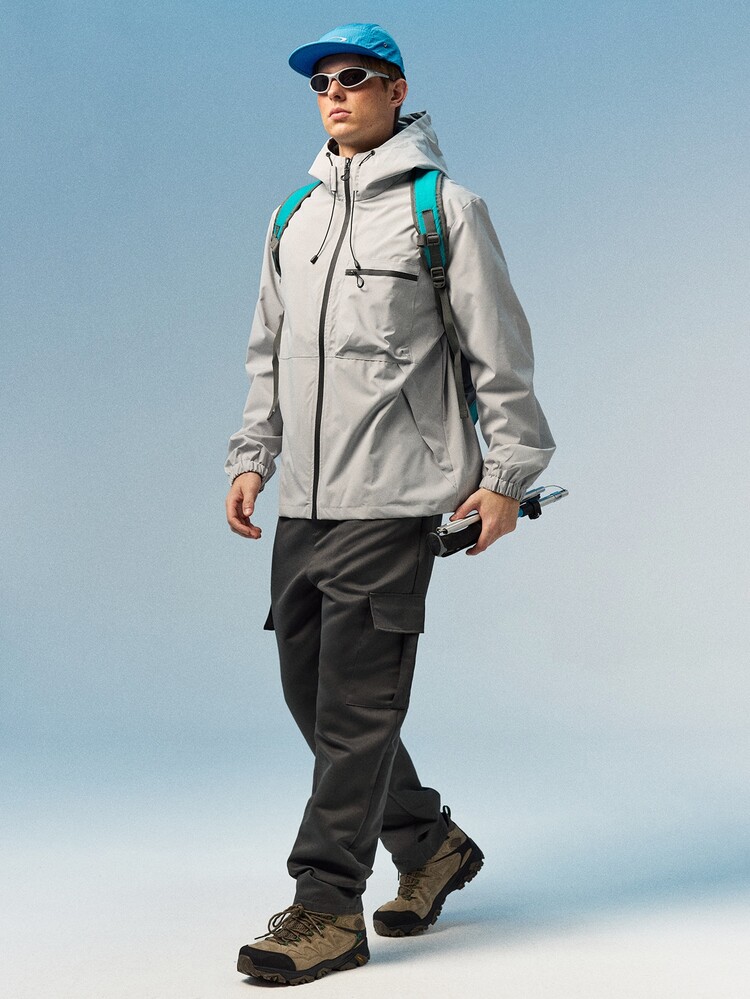 Caldwick Men's Hooded Drawstring Soft Shell Windbreaker Jacket, Sports & Casual, Front Large Pocket, Zipper Side Pockets, Suitable For Daily Wear, Versatile & Popular Jacket - Light Grey - View 10