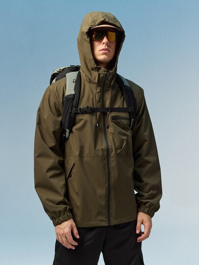 Caldwick Men's Hooded Drawstring Soft Shell Windbreaker Jacket, Sports & Casual, Front Large Pocket, Zipper Side Pockets, Suitable For Daily Wear, Versatile & Popular Jacket