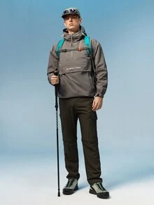Caldwick 男士休闲拼接连帽抽绳长袖夹克，适合春秋季穿着 - 深灰色 - 查看 2