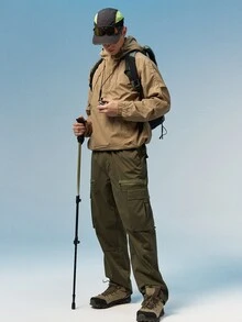 Caldwick 男士纯色抽绳连帽拉链口袋休闲多功能户外长袖外套 - 黃色 - 查看 8