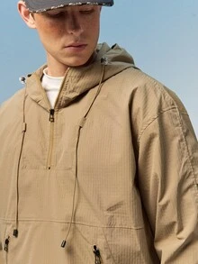 Caldwick 男士纯色抽绳连帽拉链口袋休闲多功能户外长袖外套 - 黃色 - 查看 5