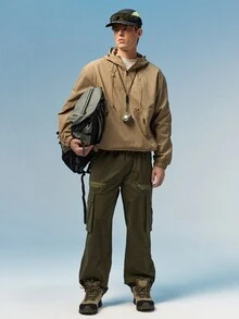 Caldwick 男士纯色抽绳连帽拉链口袋休闲多功能户外长袖外套 - 黃色 - 查看 2