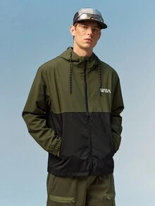 Caldwick Outerwear Pria Kolor Kantong Zip Huruf Blok Warna Casual - Hijau Tentara - View 5