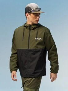 Caldwick Outerwear Pria Kolor Kantong Zip Huruf Blok Warna Casual - Hijau Tentara - View 4