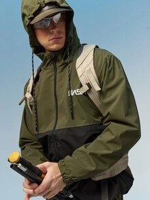 Caldwick Outerwear Pria Kolor Kantong Zip Huruf Blok Warna Casual - Hijau Tentara - View 8