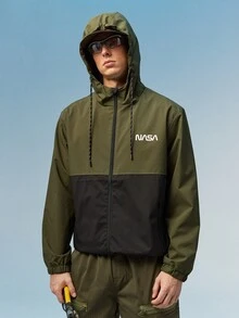 Caldwick Outerwear Pria Kolor Kantong Zip Huruf Blok Warna Casual - Hijau Tentara - View 7