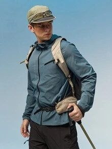 Caldwick Men's Letter Print Long Sleeve Zip Front Drawstring Hooded Sports Jacket Green Jacket  Hiking Jacket Men Zip Up Athletic Jacket Jacket Sport - Dusty Blue - View 1
