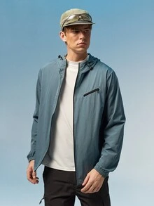 Caldwick Men's Letter Print Long Sleeve Zip Front Drawstring Hooded Sports Jacket Green Jacket  Hiking Jacket Men Zip Up Athletic Jacket Jacket Sport - Dusty Blue - View 5