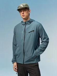 Caldwick Men's Letter Print Long Sleeve Zip Front Drawstring Hooded Sports Jacket Green Jacket  Hiking Jacket Men Zip Up Athletic Jacket Jacket Sport - Dusty Blue - View 4
