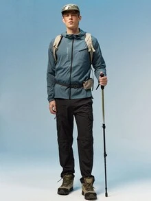 Caldwick Men's Letter Print Long Sleeve Zip Front Drawstring Hooded Sports Jacket Green Jacket  Hiking Jacket Men Zip Up Athletic Jacket Jacket Sport - Dusty Blue - View 2