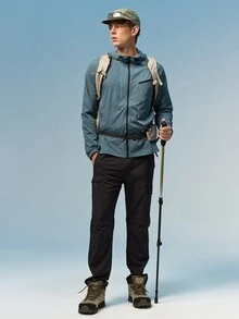 Caldwick Men's Letter Print Long Sleeve Zip Front Drawstring Hooded Sports Jacket Green Jacket  Hiking Jacket Men Zip Up Athletic Jacket Jacket Sport - Dusty Blue - View 7
