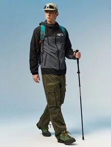 Caldwick 男士长袖休闲运动风撞色字母印花拉链抽绳连帽外套，适合春秋季穿着。 - 灰色 - 查看 2