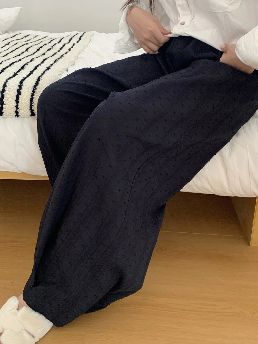 Dazy Plus 大尺碼女款純色彈性腰鬆緊抽繩直筒居家睡褲 秋季 - 黑色 - 查看 1