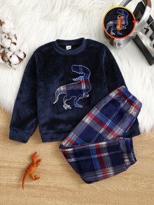 男童恐龍格紋拼接刺繡長袖抓絨睡衣套裝 - 彩色 - 查看 3