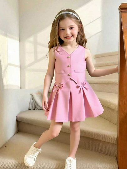 SHEIN 女童時尚綠色背心與百褶裙套裝，蝴蝶結裝飾，日常穿著，返校季，1歲生日，7歲生日，夏季嬰兒