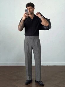 HUEFORM Men's Lazy Chic Vintage Old Money Style Floral Pattern Dark Grey Slim Fit Tapered Casual Pants For Home And Commute - Dark Grey - View 3