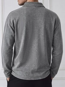 HUEFORM 男士 Old Money 風格純棉 Polo 領寬鬆版型運動衫，水洗面料打造時尚造型，刺繡字母設計，適合日常穿著 - 灰色 - 查看 2