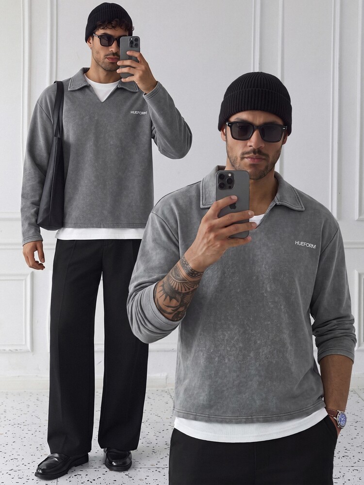 HUEFORM Sweatshirt Polo Pria Model Longgar Berbahan Katun Gaya Klasik, Kain Dicuci untuk Tampilan Lebih Bergaya; Bordir Huruf, Cocok untuk Pria Sehari-hari - Grey - View 5