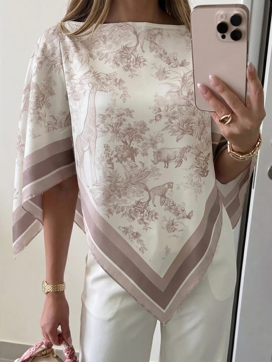 Aloruh Women's Spring/Summer Scoop Neck Scarf Blouse, Suitable For Vacation, Date Vacation, Beach, Seaside,Summer Top Beige Romantic - Multicolor - View 1